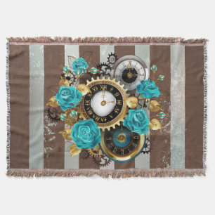 Steampunk Clock- en Turquoise-Rozen op gestreept Deken