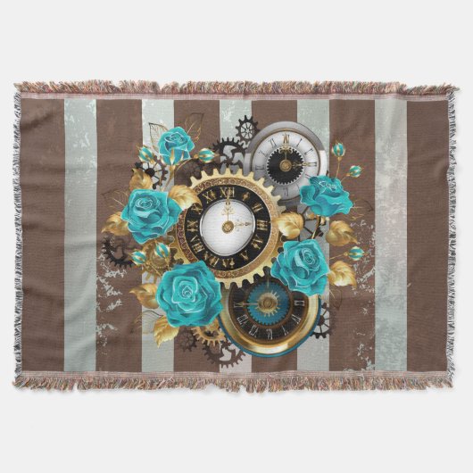 Steampunk Clock- en Turquoise-Rozen op gestreept Deken (Voorkant)
