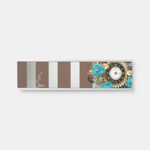 Steampunk Clock- en Turquoise-Rozen op gestreept Deurbordje