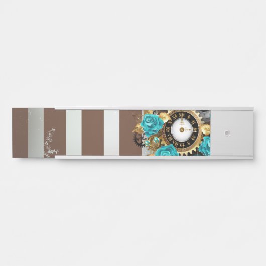 Steampunk Clock- en Turquoise-Rozen op gestreept Deurbordje (Voorkant)