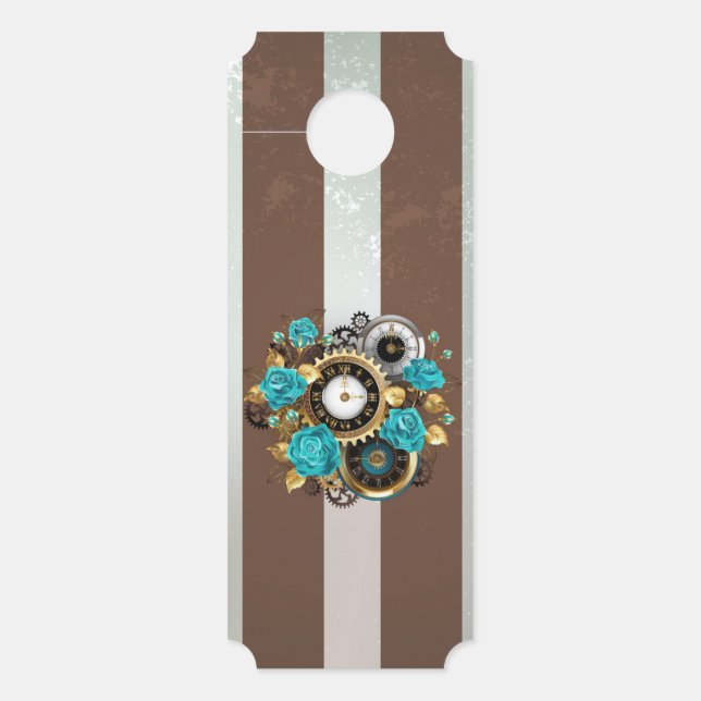 Steampunk Clock- en Turquoise-Rozen op gestreept Deurhanger (Voorkant)
