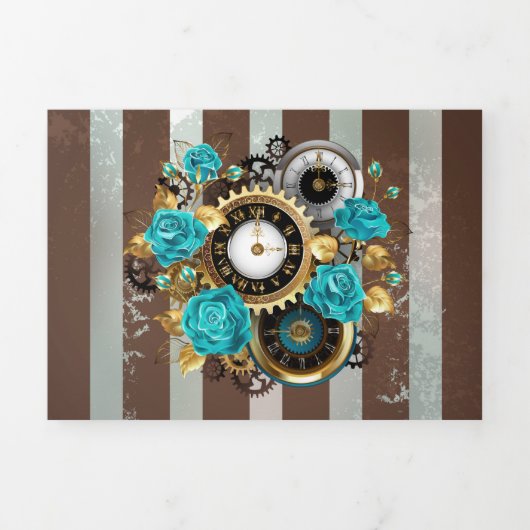 Steampunk Clock- en Turquoise-Rozen op gestreept Drieluik Aankondiging (Cover)