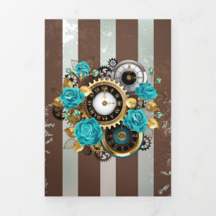 Steampunk Clock- en Turquoise-Rozen op gestreept Drieluik Aankondiging