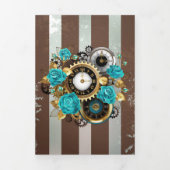 Steampunk Clock- en Turquoise-Rozen op gestreept Drieluik Kaart (Cover)