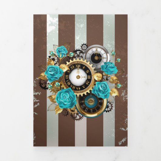 Steampunk Clock- en Turquoise-Rozen op gestreept Drieluik Kaart (Cover)