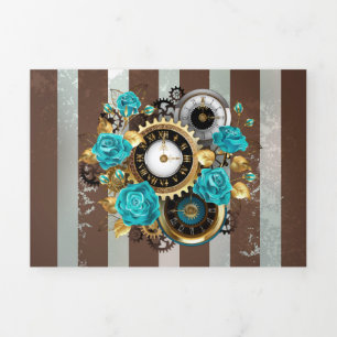 Steampunk Clock- en Turquoise-Rozen op gestreept Drieluik Kaart