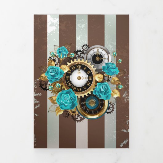 Steampunk Clock- en Turquoise-Rozen op gestreept Drieluik Programma (Cover)