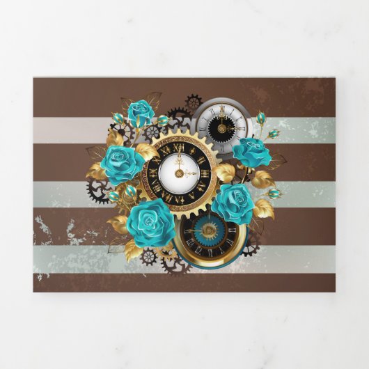 Steampunk Clock- en Turquoise-Rozen op gestreept Drieluik Programma (Cover)