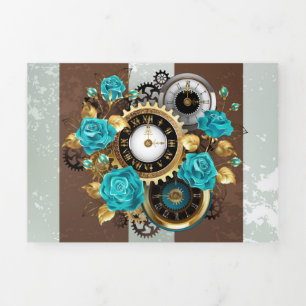 Steampunk Clock- en Turquoise-Rozen op gestreept Drieluik Uitnodiging