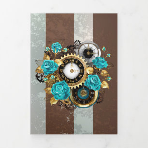 Steampunk Clock- en Turquoise-Rozen op gestreept Drieluik Uitnodiging