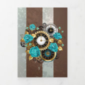 Steampunk Clock- en Turquoise-Rozen op gestreept Drieluik Uitnodiging (Cover)