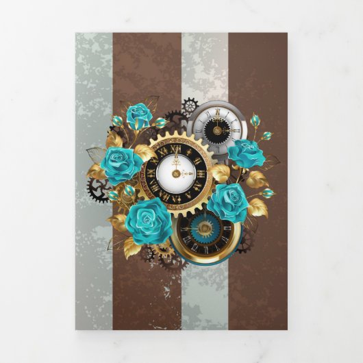 Steampunk Clock- en Turquoise-Rozen op gestreept Drieluik Uitnodiging (Cover)