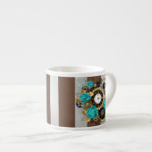 Steampunk Clock- en Turquoise-Rozen op gestreept Espresso Kop (Voorkant rechts)