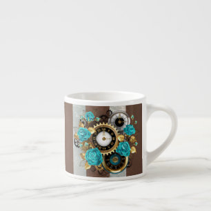 Steampunk Clock- en Turquoise-Rozen op gestreept Espresso Kop