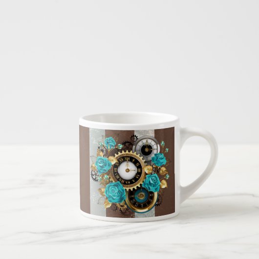 Steampunk Clock- en Turquoise-Rozen op gestreept Espresso Kop (Rechts)