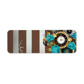 Steampunk Clock- en Turquoise-Rozen op gestreept Etiket (Voorkant)