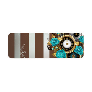 Steampunk Clock- en Turquoise-Rozen op gestreept Etiket