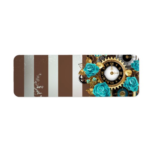 Steampunk Clock- en Turquoise-Rozen op gestreept Etiket (Voorkant)