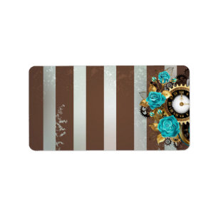 Steampunk Clock- en Turquoise-Rozen op gestreept Etiket
