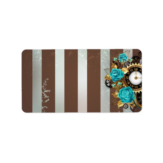 Steampunk Clock- en Turquoise-Rozen op gestreept Etiket (Voorkant)