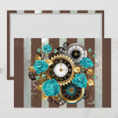 Steampunk Clock- en Turquoise-Rozen op gestreept Feestdagenkaart (Voorkant / Achterkant)