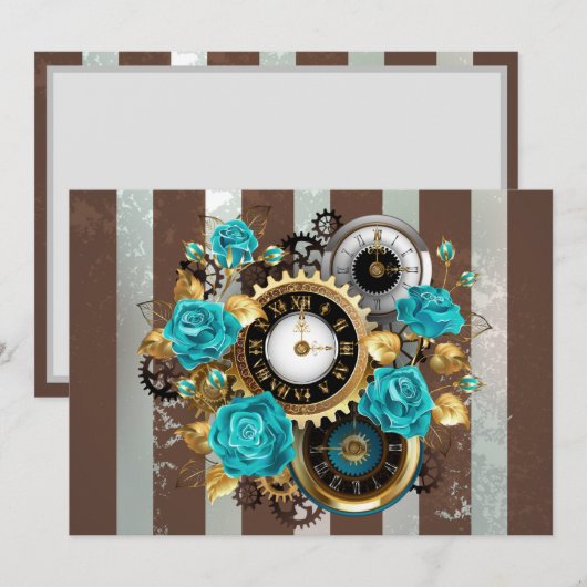 Steampunk Clock- en Turquoise-Rozen op gestreept Feestdagenkaart (Voorkant / Achterkant)