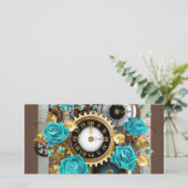 Steampunk Clock- en Turquoise-Rozen op gestreept Feestdagenkaart (Staand voorkant)