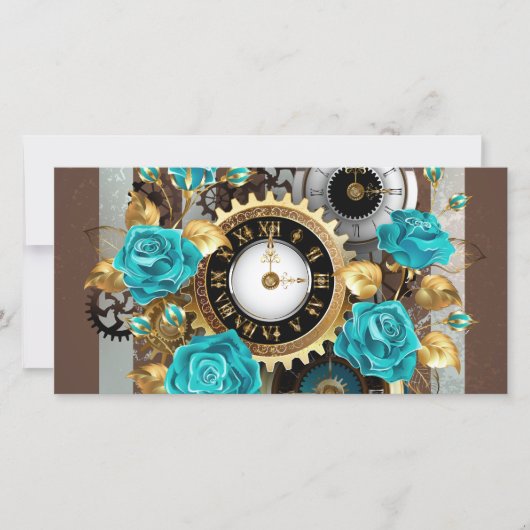 Steampunk Clock- en Turquoise-Rozen op gestreept Feestdagenkaart (Voorkant)