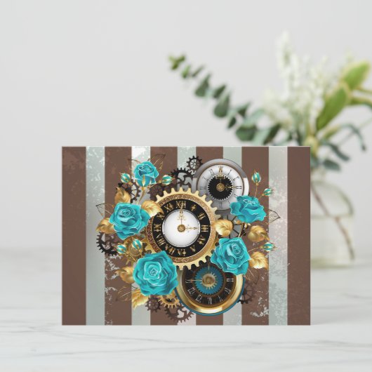 Steampunk Clock- en Turquoise-Rozen op gestreept Feestdagenkaart (Staand voorkant)