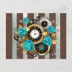 Steampunk Clock- en Turquoise-Rozen op gestreept Feestdagenkaart