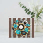 Steampunk Clock- en Turquoise-Rozen op gestreept Feestdagenkaart (Staand voorkant)