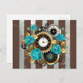Steampunk Clock- en Turquoise-Rozen op gestreept Feestdagenkaart (Voorkant / Achterkant)
