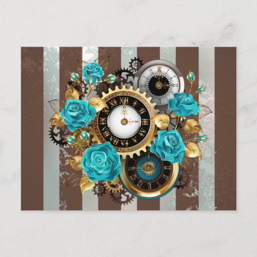 Steampunk Clock- en Turquoise-Rozen op gestreept Feestdagenkaart (Voorkant)