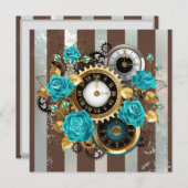 Steampunk Clock- en Turquoise-Rozen op gestreept Feestdagenkaart (Voorkant / Achterkant)
