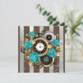 Steampunk Clock- en Turquoise-Rozen op gestreept Feestdagenkaart (Staand voorkant)