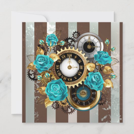 Steampunk Clock- en Turquoise-Rozen op gestreept Feestdagenkaart (Voorkant)