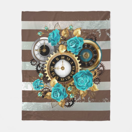 Steampunk Clock- en Turquoise-Rozen op gestreept Fleece Deken (Voorkant)