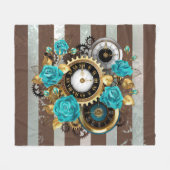 Steampunk Clock- en Turquoise-Rozen op gestreept Fleece Deken (Voorkant (Horizontaal))