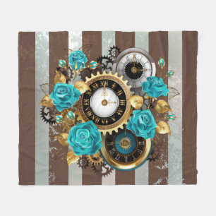 Steampunk Clock- en Turquoise-Rozen op gestreept Fleece Deken