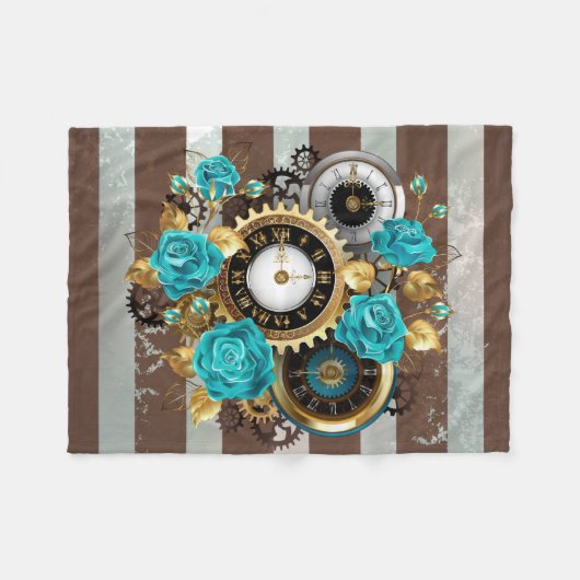 Steampunk Clock- en Turquoise-Rozen op gestreept Fleece Deken (Voorkant (Horizontaal))