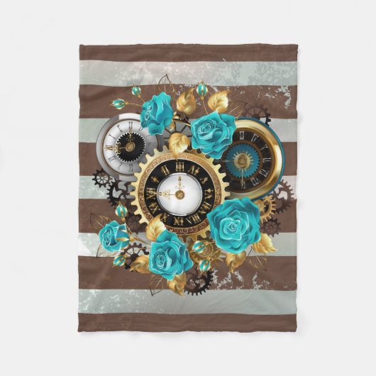 Steampunk Clock- en Turquoise-Rozen op gestreept Fleece Deken (Voorkant)
