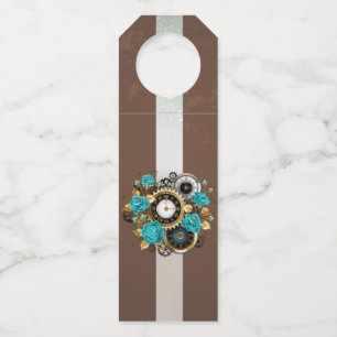 Steampunk Clock- en Turquoise-Rozen op gestreept Flessenhanger