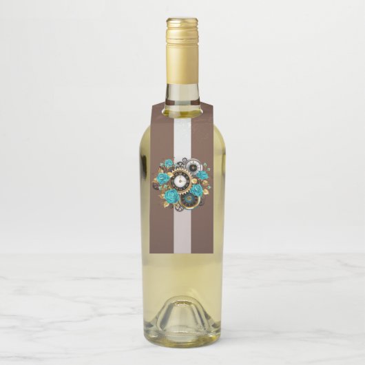 Steampunk Clock- en Turquoise-Rozen op gestreept Flessenhanger (Op fles)