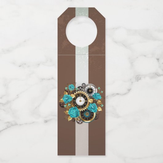 Steampunk Clock- en Turquoise-Rozen op gestreept Flessenhanger (Voorkant)