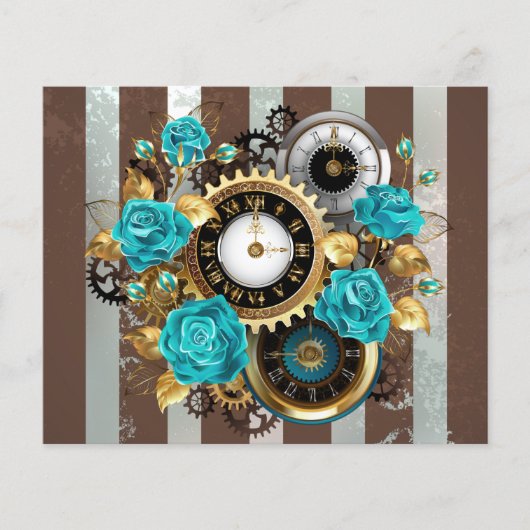 Steampunk Clock- en Turquoise-Rozen op gestreept Flyer (Voorkant)