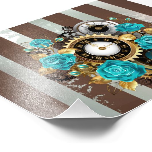Steampunk Clock- en Turquoise-Rozen op gestreept Foto Afdruk (Hoek)