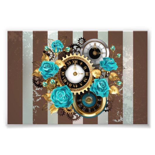 Steampunk Clock- en Turquoise-Rozen op gestreept Foto Afdruk (Voorkant)