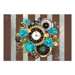 Steampunk Clock- en Turquoise-Rozen op gestreept Foto Afdruk