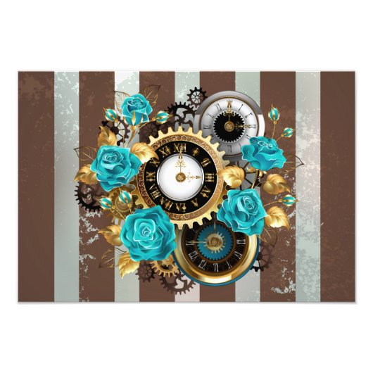 Steampunk Clock- en Turquoise-Rozen op gestreept Foto Afdruk (Voorkant)