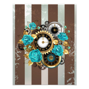 Steampunk Clock- en Turquoise-Rozen op gestreept Foto Afdruk